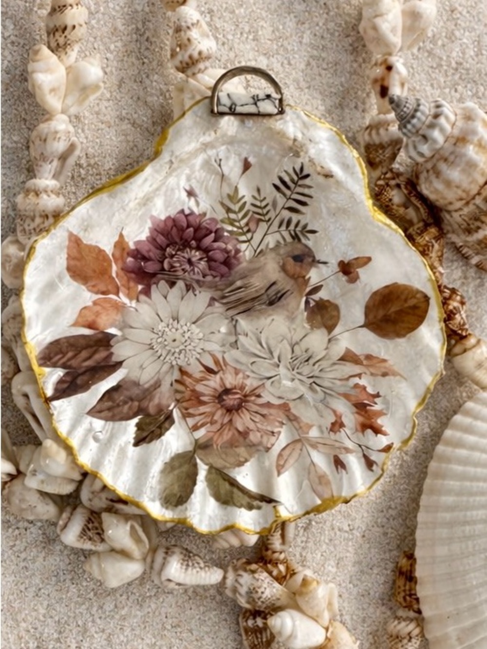 Hand made Shell Magnet or Trinket dish with Bird & Floral Motif 3”
